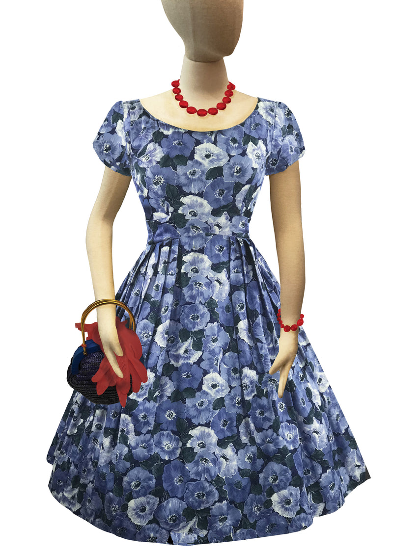 Late 1950s Early 1960s Blue Anemone Print Cotton Dress - New! Coutura Vintage Late 1950s Early 1960s Blue Anemone Print Cotton Dress - New! Coutura Vintage
