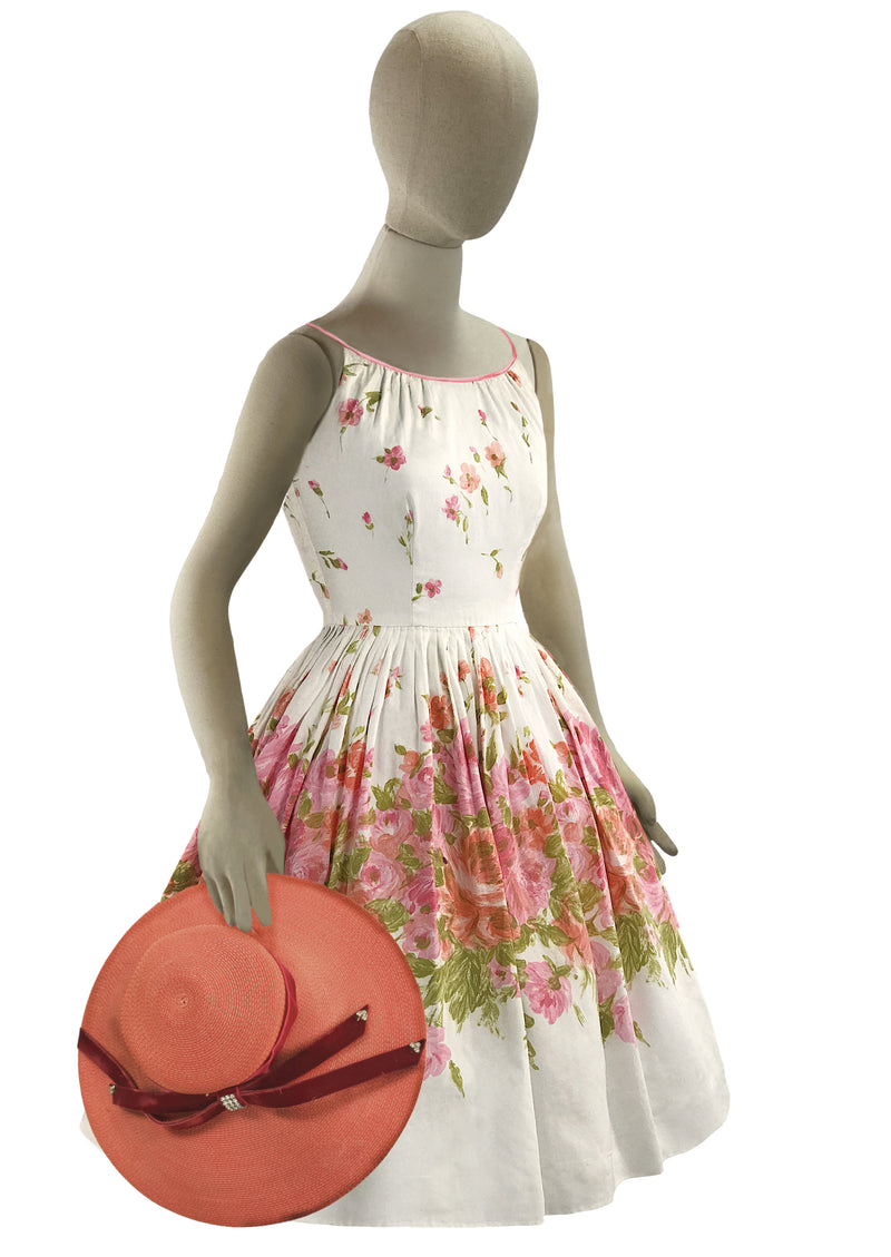Vintage 1950s Pink and Peach Roses Border Print Cotton Dress- New!