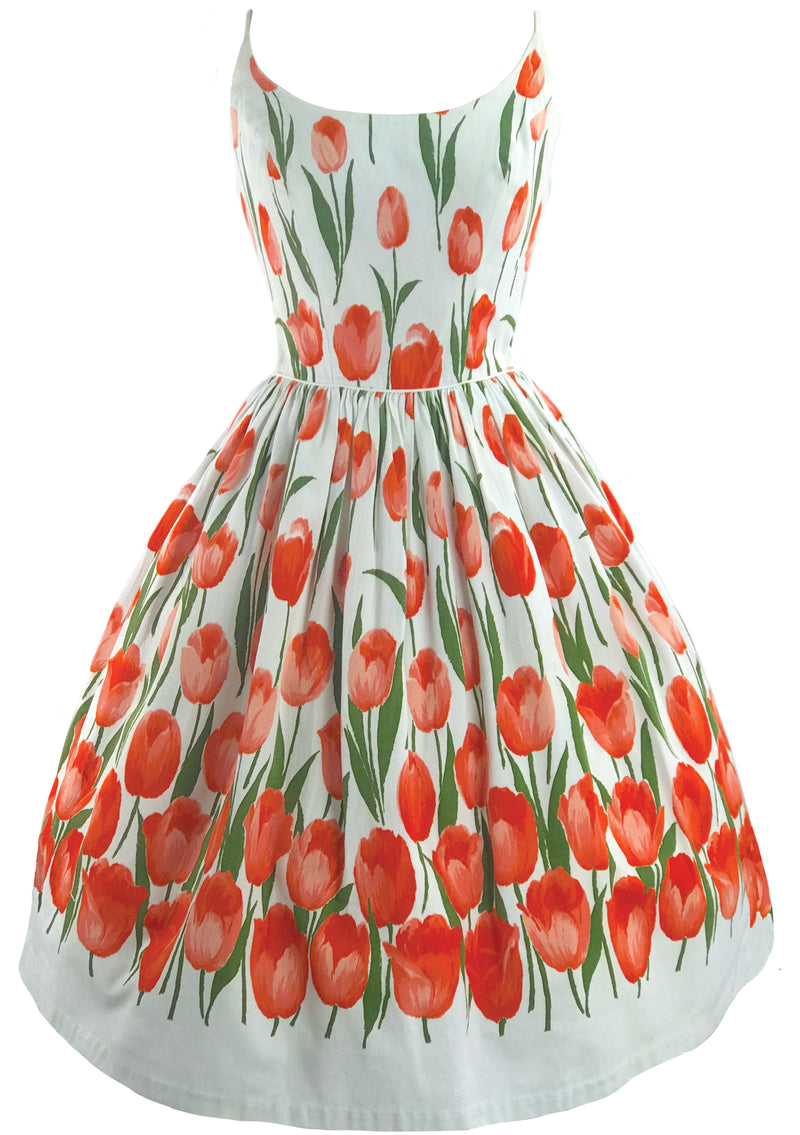 Vintage 1950s Gorgeous Orange Tulips Cotton Dress  - New!