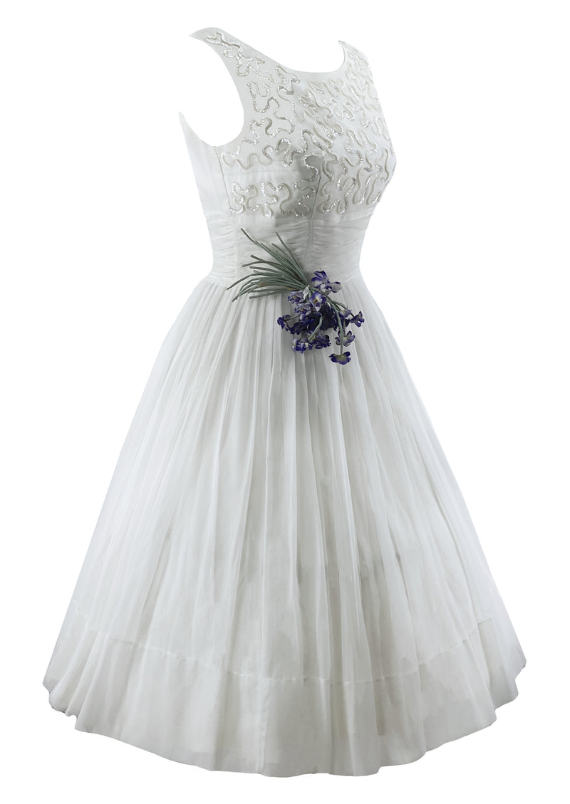 Late 1950s Early 1960s White Chiffon Cocktail / Wedding Dress- New!