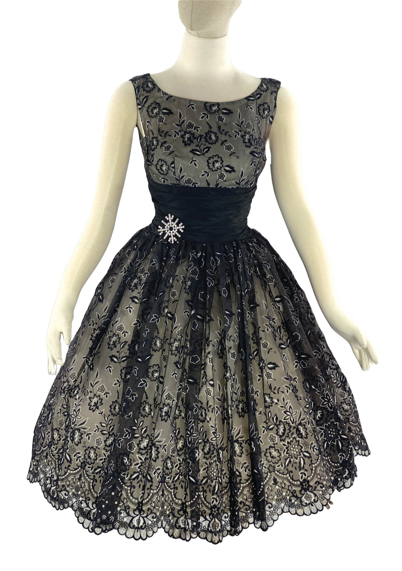 Late 1950s to Early 1960s Black Flocked Chiffon Party Dress- New!