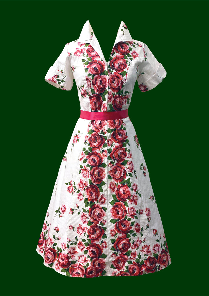 Sensational 1950s Red Roses Cotton Dress- New!