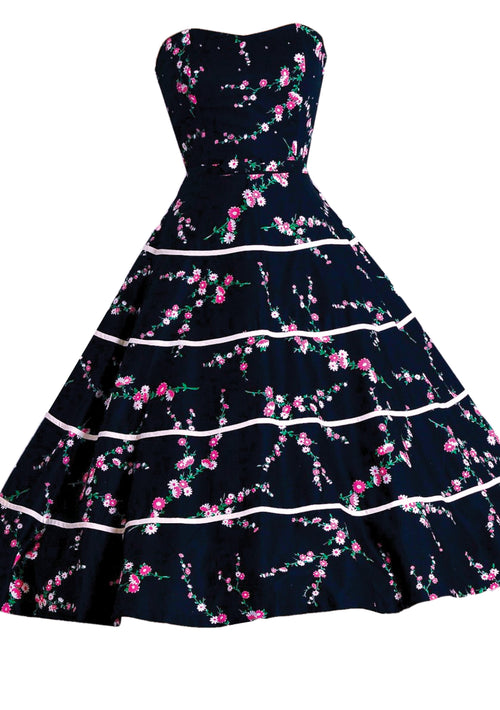 1950s Pink Floral on Black Party Dress Ensemble - New!