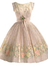 Original 1950s Peach Pink Flocked Floral Chiffon Party Dress - New!
