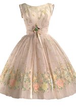 Original 1950s Peach Pink Flocked Floral Chiffon Party Dress - New!