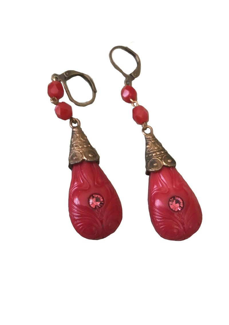 Vintage 1920s Czech Dark Red Coral Glass Earrings- New! (on hold)