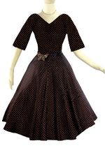 Late 1950s Bronze and Black 1950s Flocked Taffeta Dress - New!