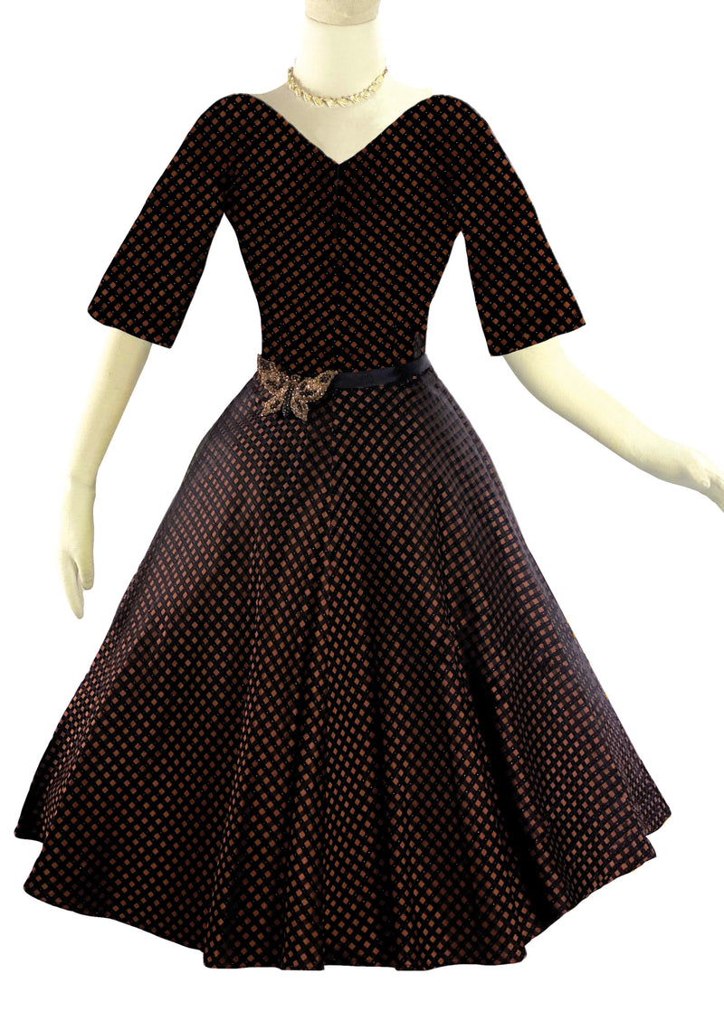 Late 1950s Bronze and Black 1950s Flocked Taffeta Dress - New!