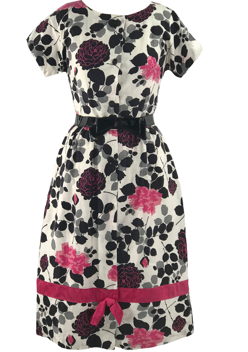 Vintage 1950s Hot Pink & Black Roses Cotton Dress- New!