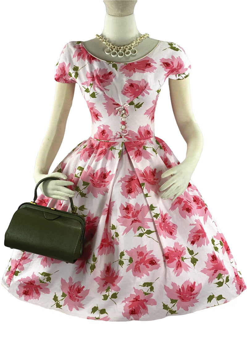 Vintage 1950s Large Pink Roses Pique Cotton Dress - New