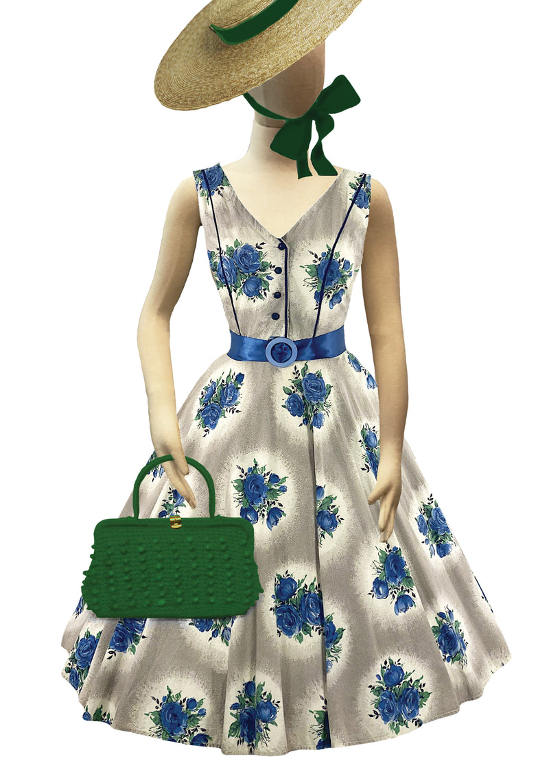 Vintage 1950s Blue Cameo Roses Cotton Dress- New!