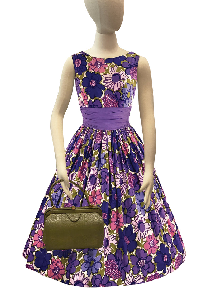 Late 1950s - Early 1960s Purple & Pink Floral Designer Dress - New!