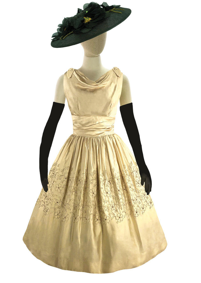 1950s Beaded Pale Gold Silk Satin Cocktail Dress - New!