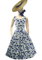 Vintage 1950s Blue Carnations Cotton Dress- New!