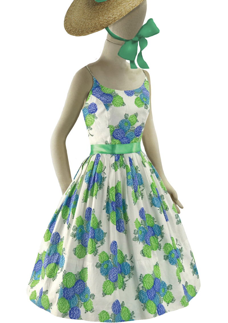 Vintage 1950s Blue Green Geranium Sprays Cotton Dress - New!