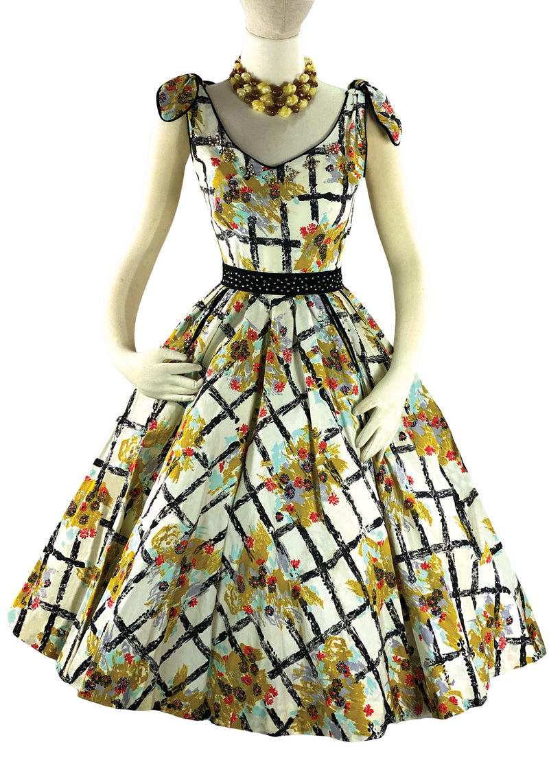 1950s Lattice Floral Beaded Cotton Sundress - New!