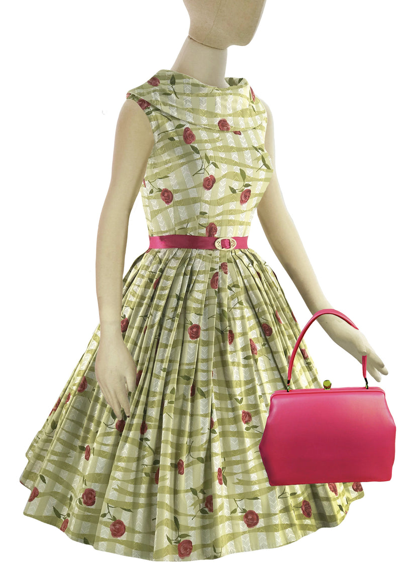 Glorious 1950s Green With Red Roses Cotton Dress- New!