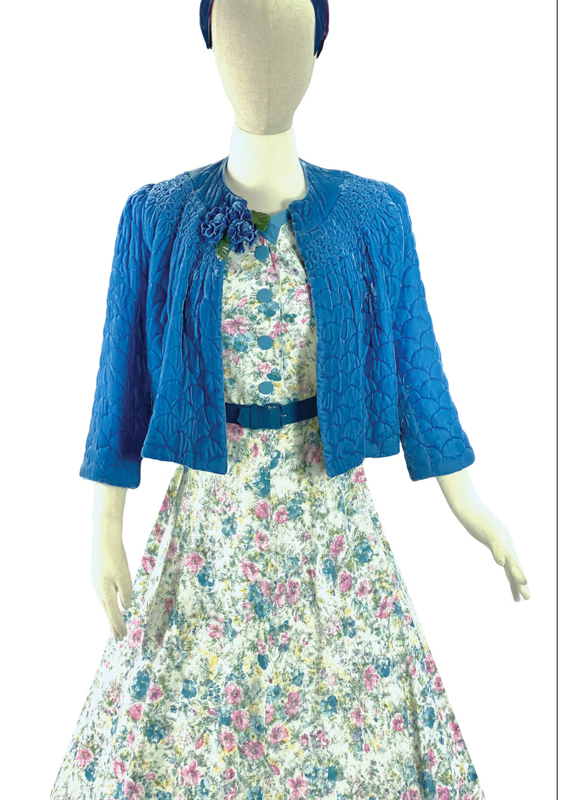 Vintage 1940s Quilted Blue Silk Velvet Jacket- New!
