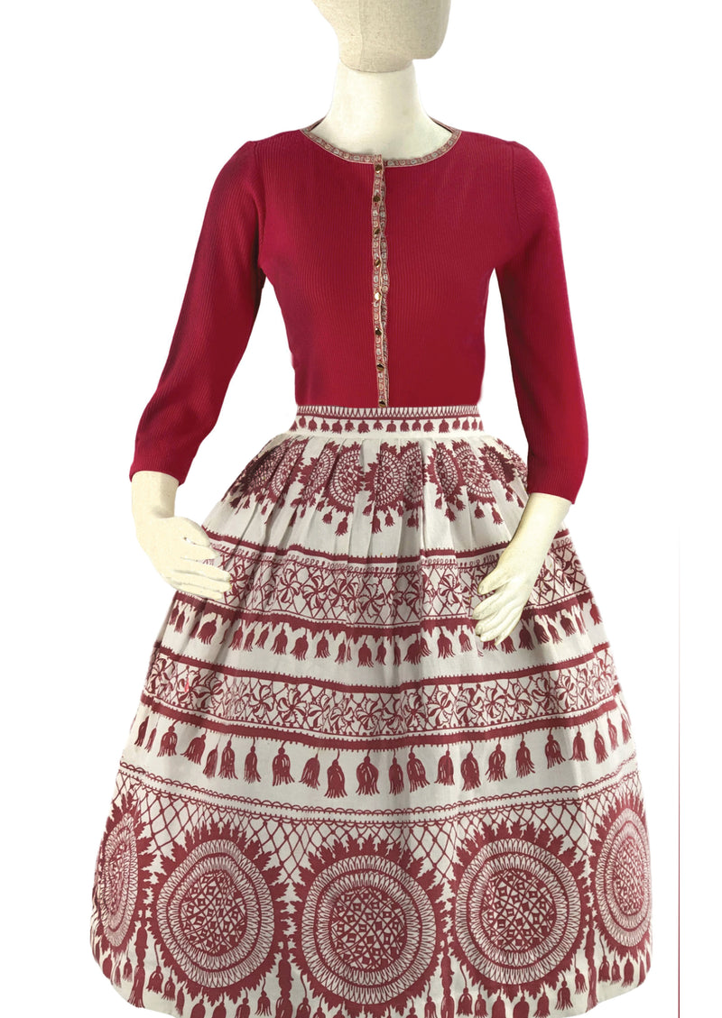 Late 1950s Early 1960s Red & White Trompe L'Oeil Novelty Print Skirt- New!