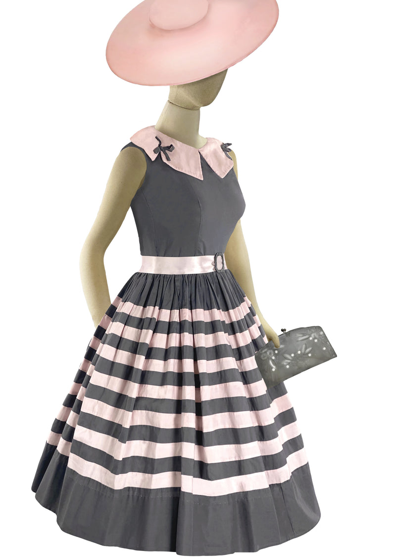 Vintage 1950s Grey and Pink Stripe Cotton Dress- New!