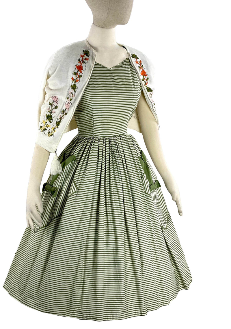 Late 1950s Green and White Stripes Cotton Dress- New!