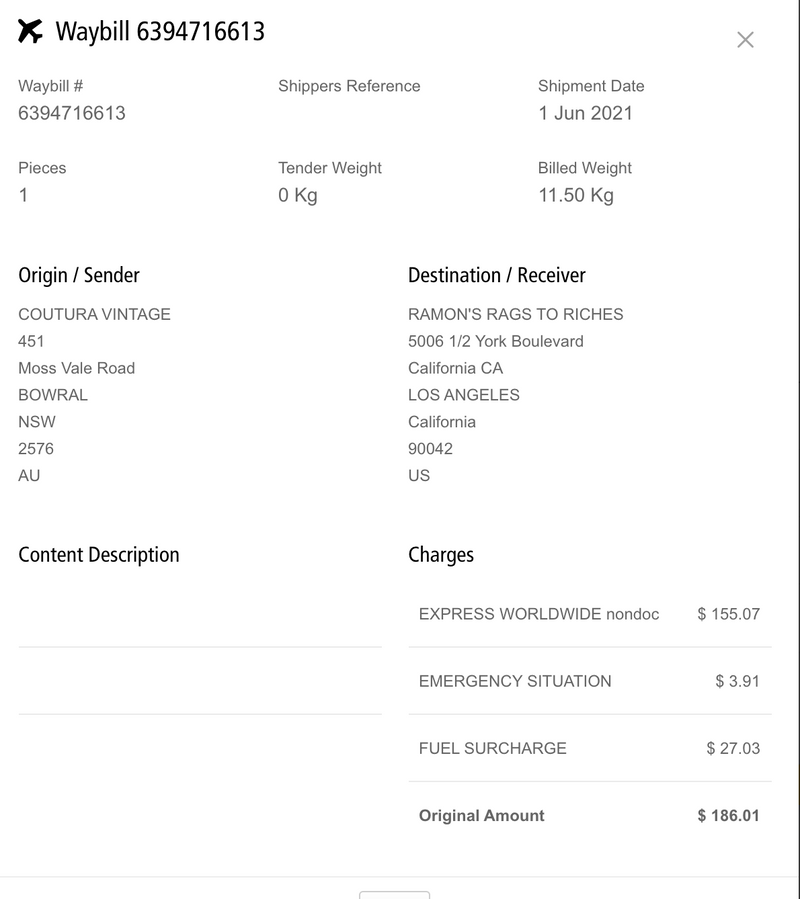 Freight Charges for Ramon - 1 June 2021