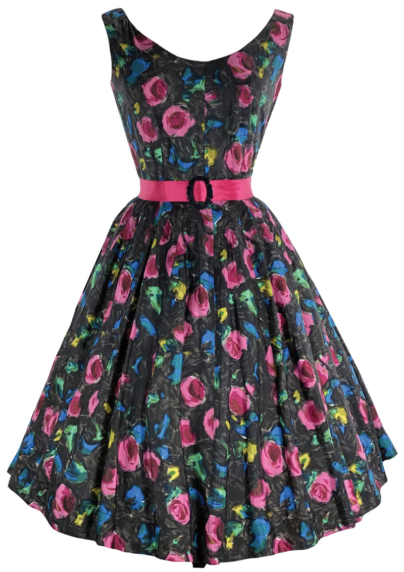 1950s Dark Pink Roses Sambo Fashions Dress - New!