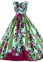 1950s Pink Roses Applique Cotton Party Dress - New!