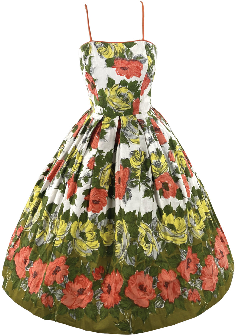 Vintage 1950s Golden and Tangerine Roses Cotton Dress - New!