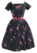 Vintage 1950s Pink Roses on Black Cotton Dress- New!