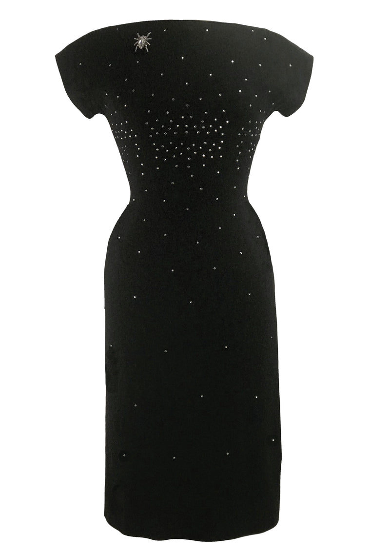 Vintage Early 1960s Black Wool Dress with Rhinestones- New!