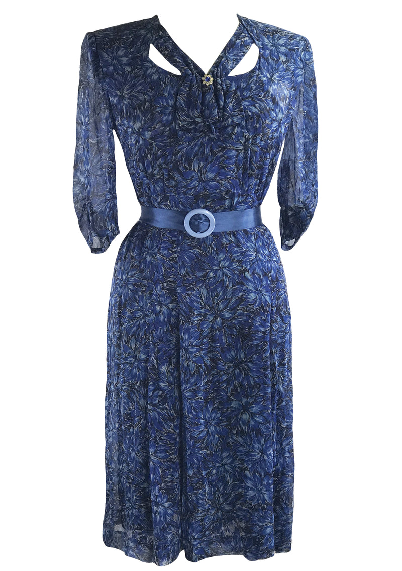 Vintage 1940s Blue Floral Chiffon Dress- New!