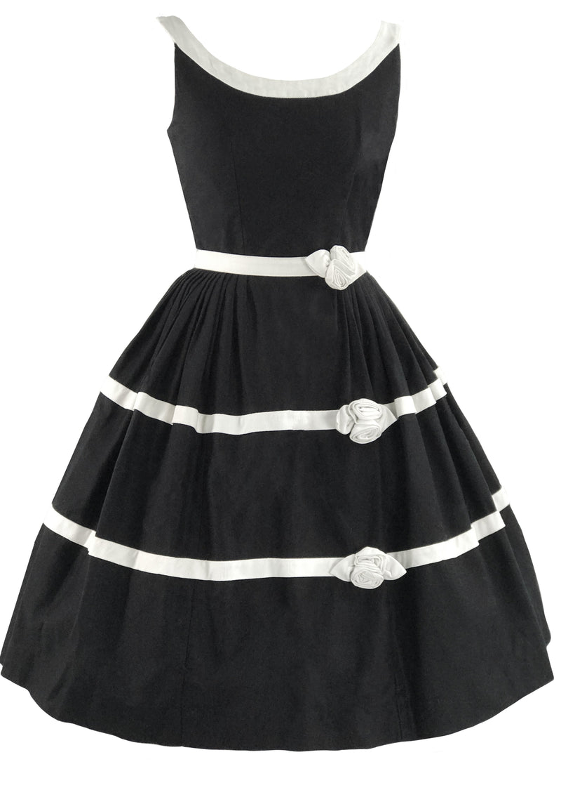 1950s Black Pique Dress with Ivory Rose Appliques & Banding  - New!