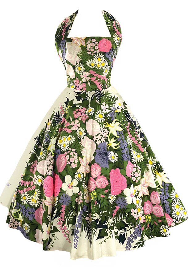 Vintage 1950s Floral Garden Halter Cotton Dress- New!