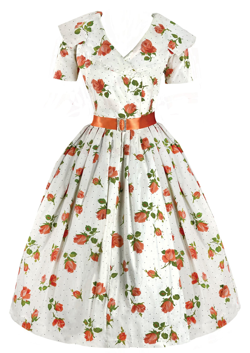 Late 1950s Tangerine Roses Cotton Dress - New!