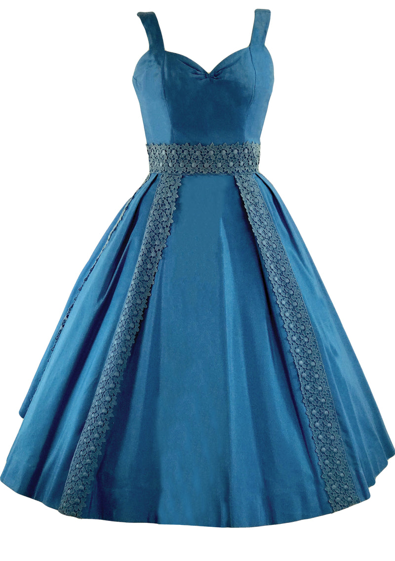 Vintage 1950s Capri Blue Glazed Cotton with Lace Dress - New!