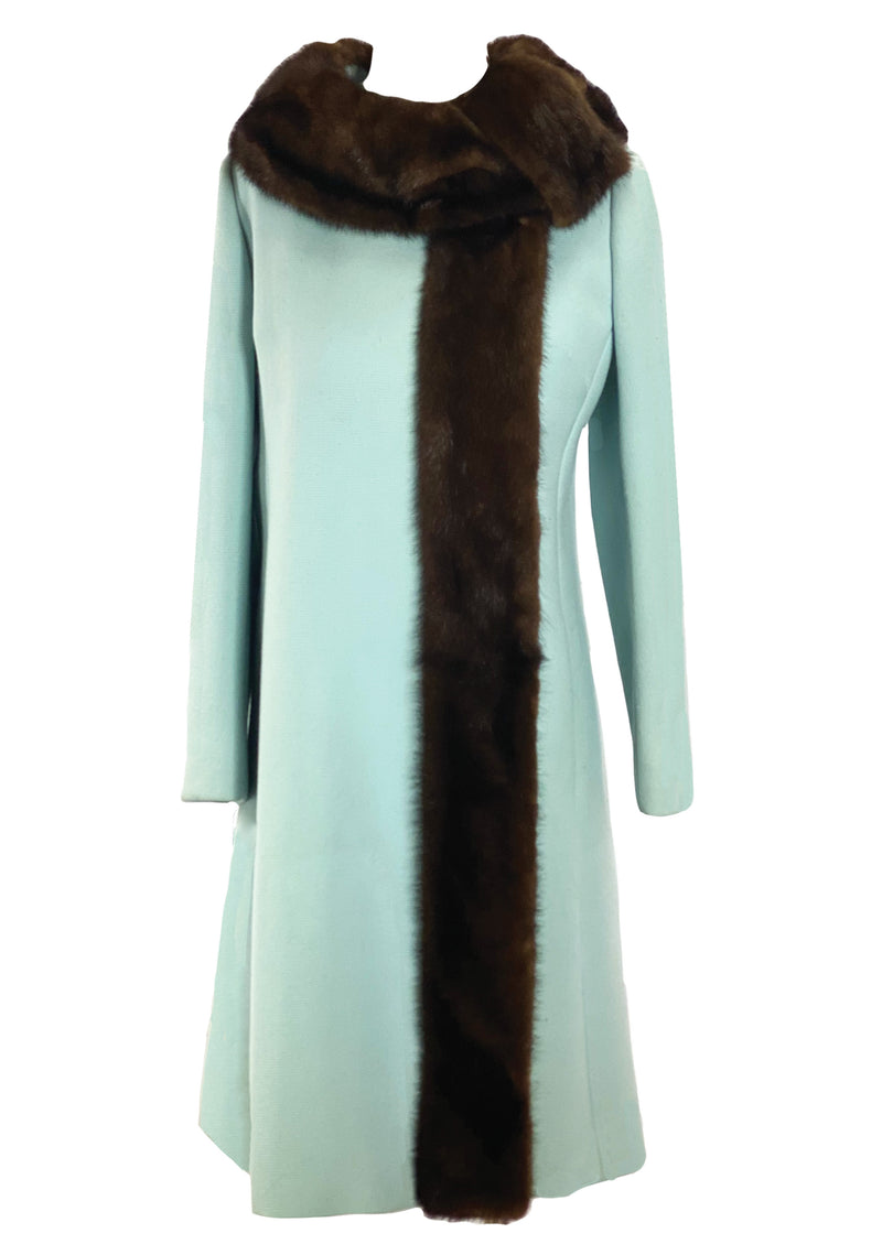 Vintage 1960s Duck Egg Blue Wool Coat with Mink Trim - New!