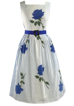 1950s Vivid Blue Roses and Stripes Cotton Dress - New! (ON HOLD)