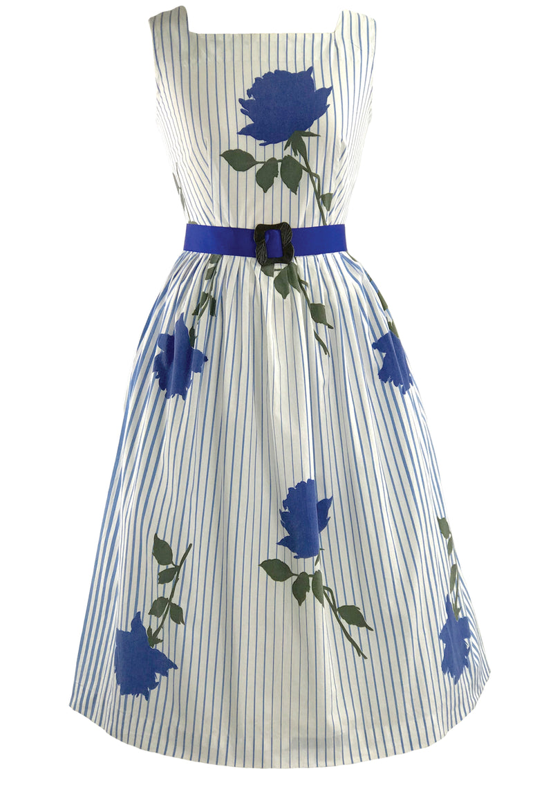 1950s Vivid Blue Roses and Stripes Cotton Dress - New! (ON HOLD)