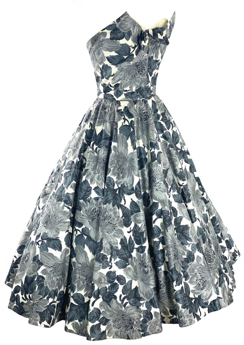 Stylish 1950s Strapless Gray Floral Cotton Cocktail Dress- New!