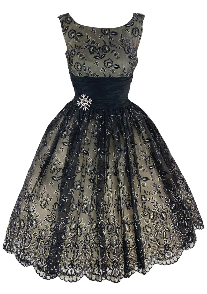Late 1950s to Early 1960s Black Flocked Chiffon Party Dress- New!