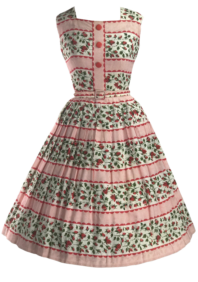 Late 1950s Early 1960s Rosebuds and Stripes Dress - New!