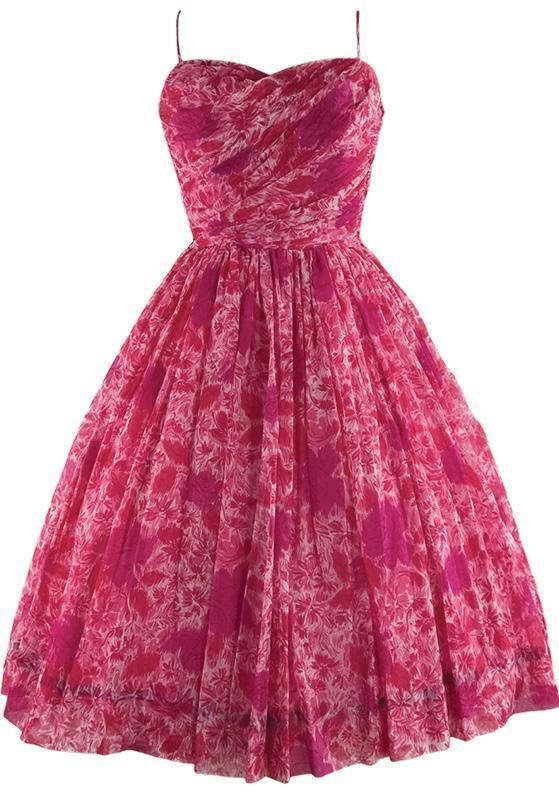 Vintage 1950s Fuchsia Pink Rose Print Chiffon Dress - New!