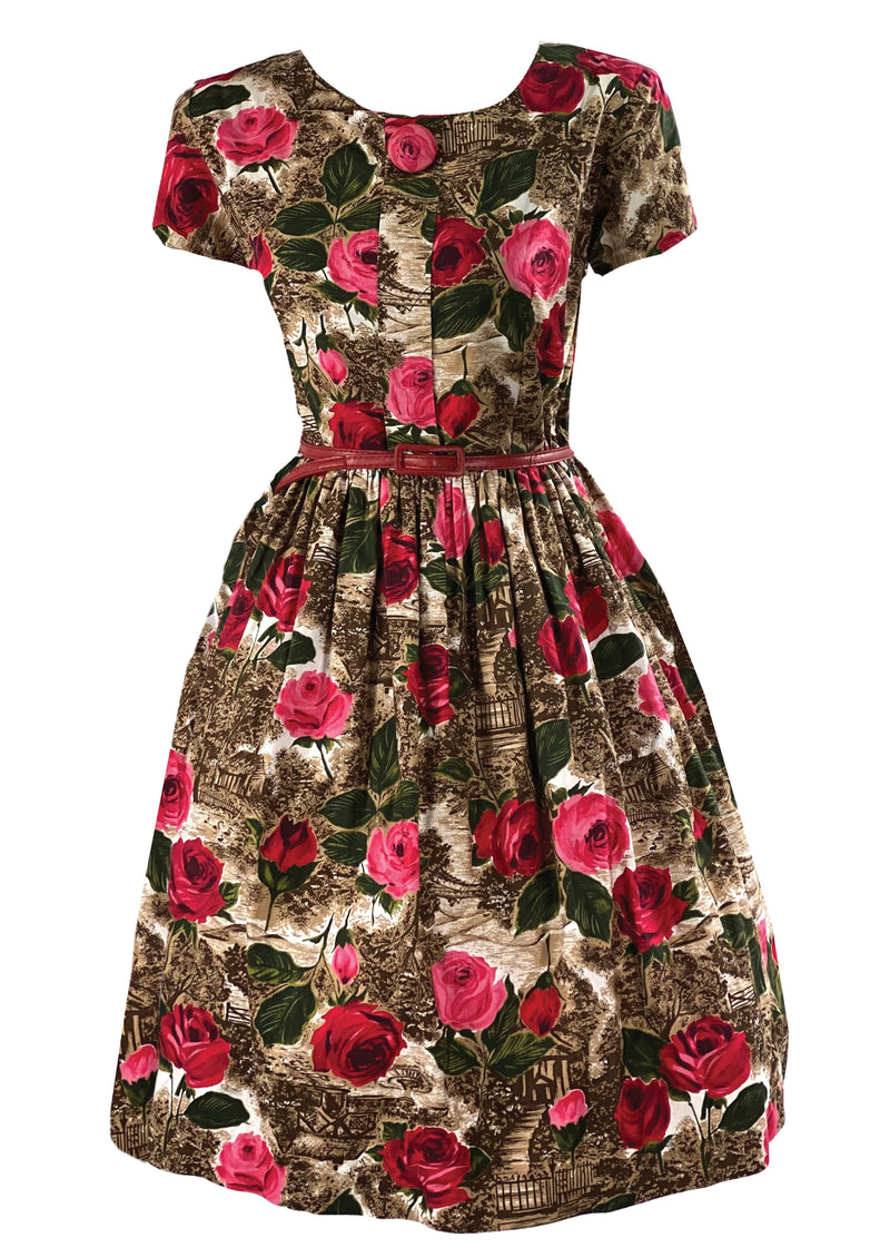 Late 1950s Rural Countryside with Roses Novelty Print Dress- NEW!