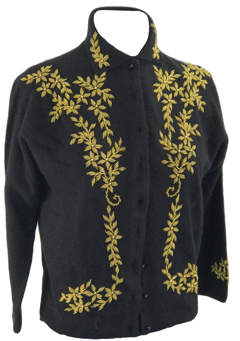 Vintage 1950s Black Lambswool Cardigan with Gold Beading- New