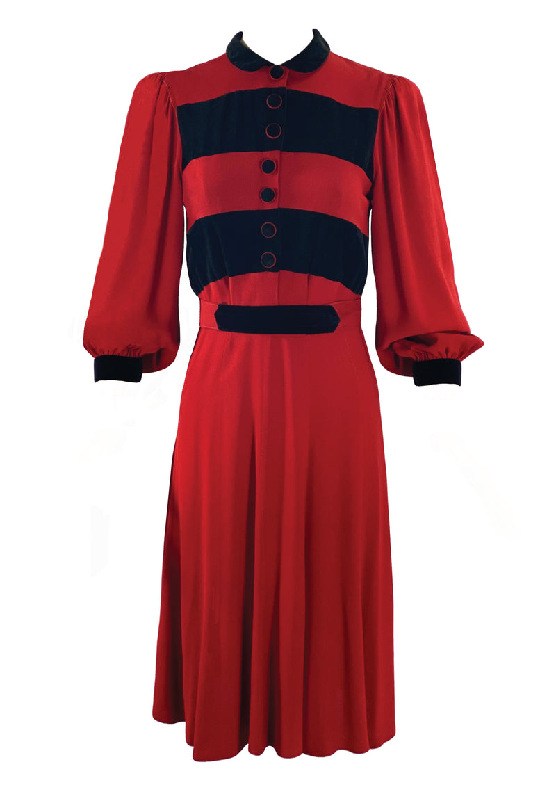 Striking Late 1930s Early 1940s Red & Black Dress- New!