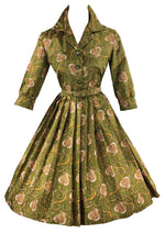 Late 1950s to Early 1960s Olive Green Paisley Dress- NEW!