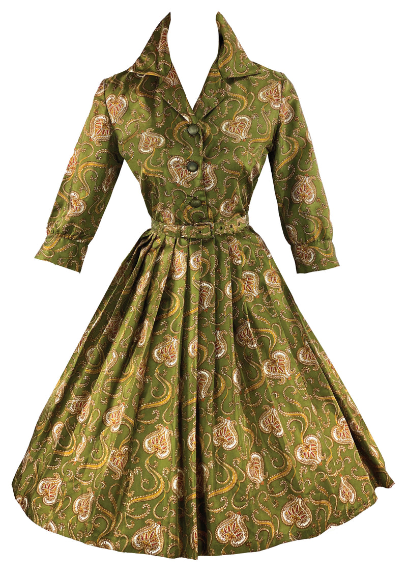 Late 1950s to Early 1960s Olive Green Paisley Dress- NEW!