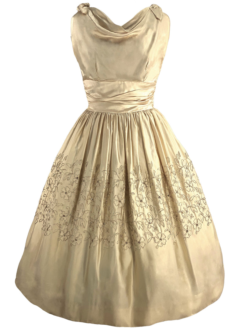 1950s Beaded Pale Gold Silk Satin Cocktail Dress - New!