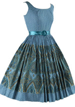 Stunning 1950s Blue Geometric Paisley Border Print Dress- New!